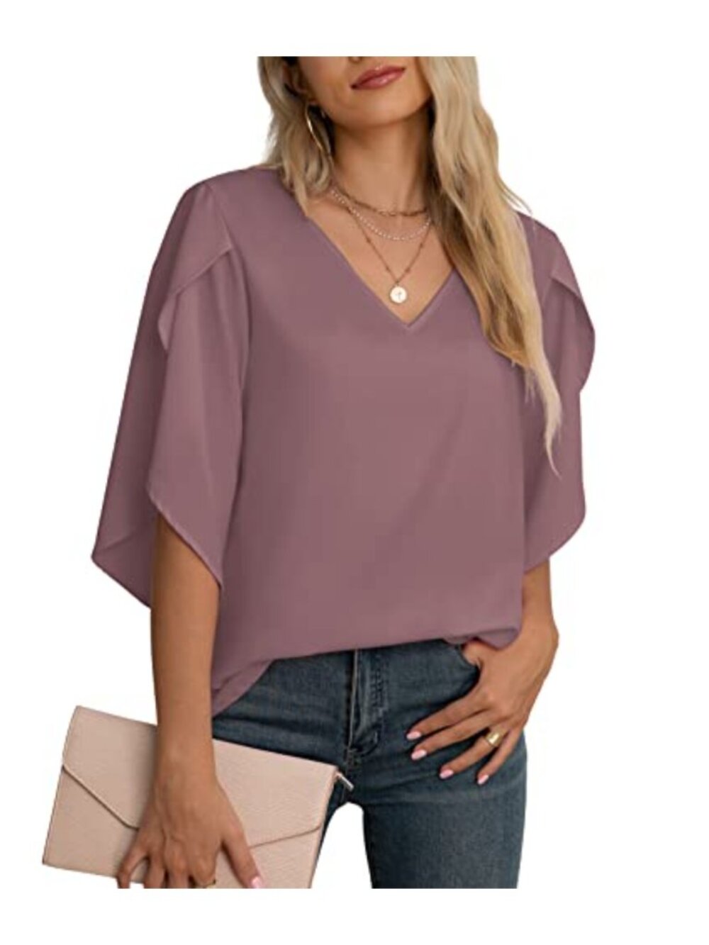 Women's 3/4 Ruffle Sleeve Chiffon Blouse Casual V-Neck